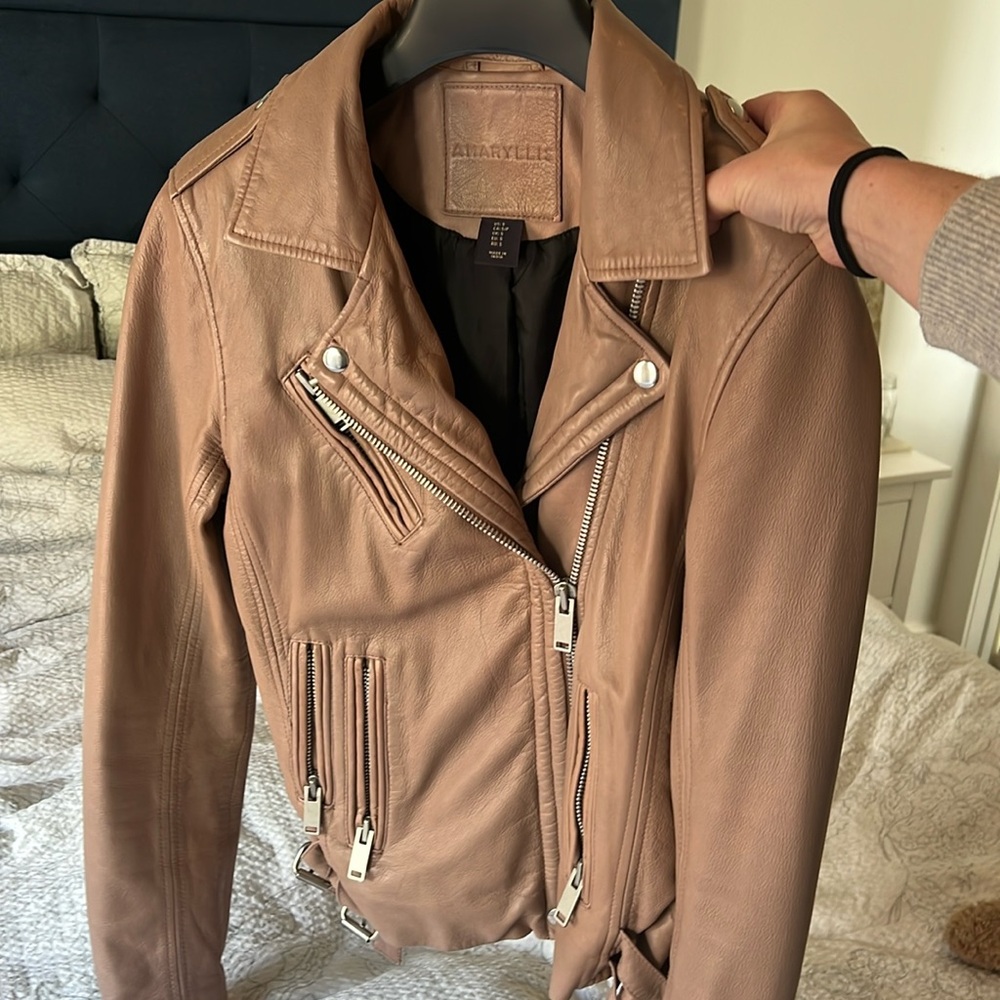 Amaryllis blush pink leather moto jacket. Small.